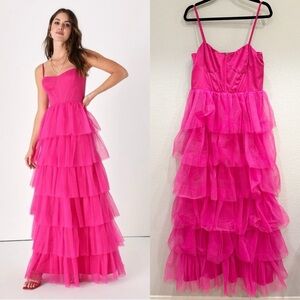 Size XL Lulus Rule the Runway Hot Pink Tulle Bustier Tiered Maxi Dress Prom Dres